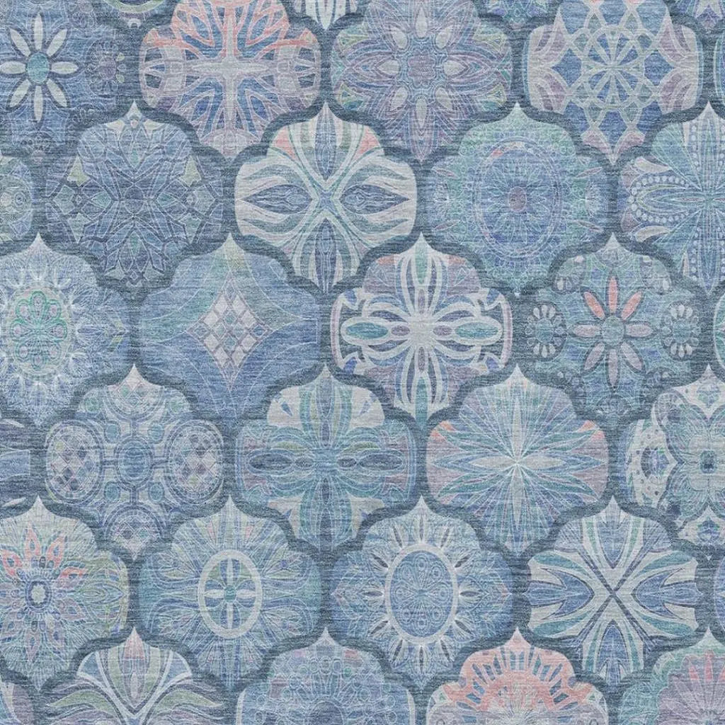 8' X 10' Denim Blue And Blue Ogee Washable Indoor Outdoor Area Rug Homeroots Outdoor