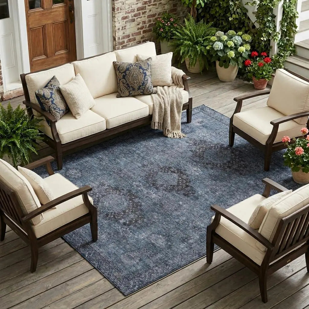 8' X 10' Denim Blue And Blue Oriental Washable Indoor Outdoor Area Rug Homeroots Outdoor