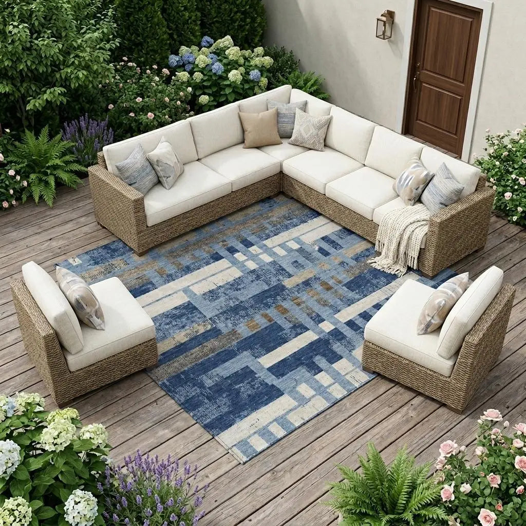 8' X 10' Denim Blue And Blue Striped Washable Indoor Outdoor Area Rug Homeroots Outdoor
