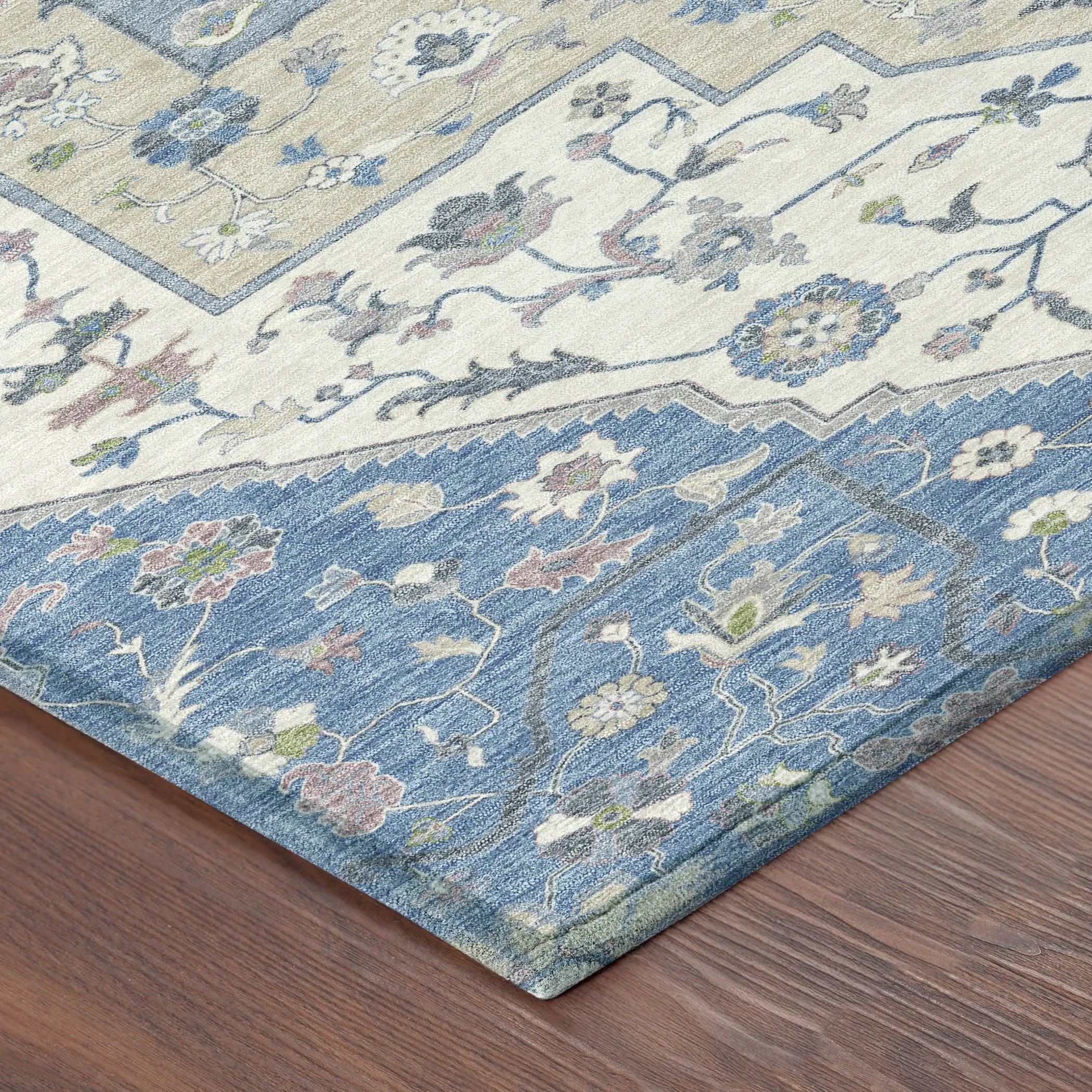 8' X 10' Denim Blue And Ivory Floral Medallion Washable Indoor Outdoor Area Rug Homeroots Outdoor