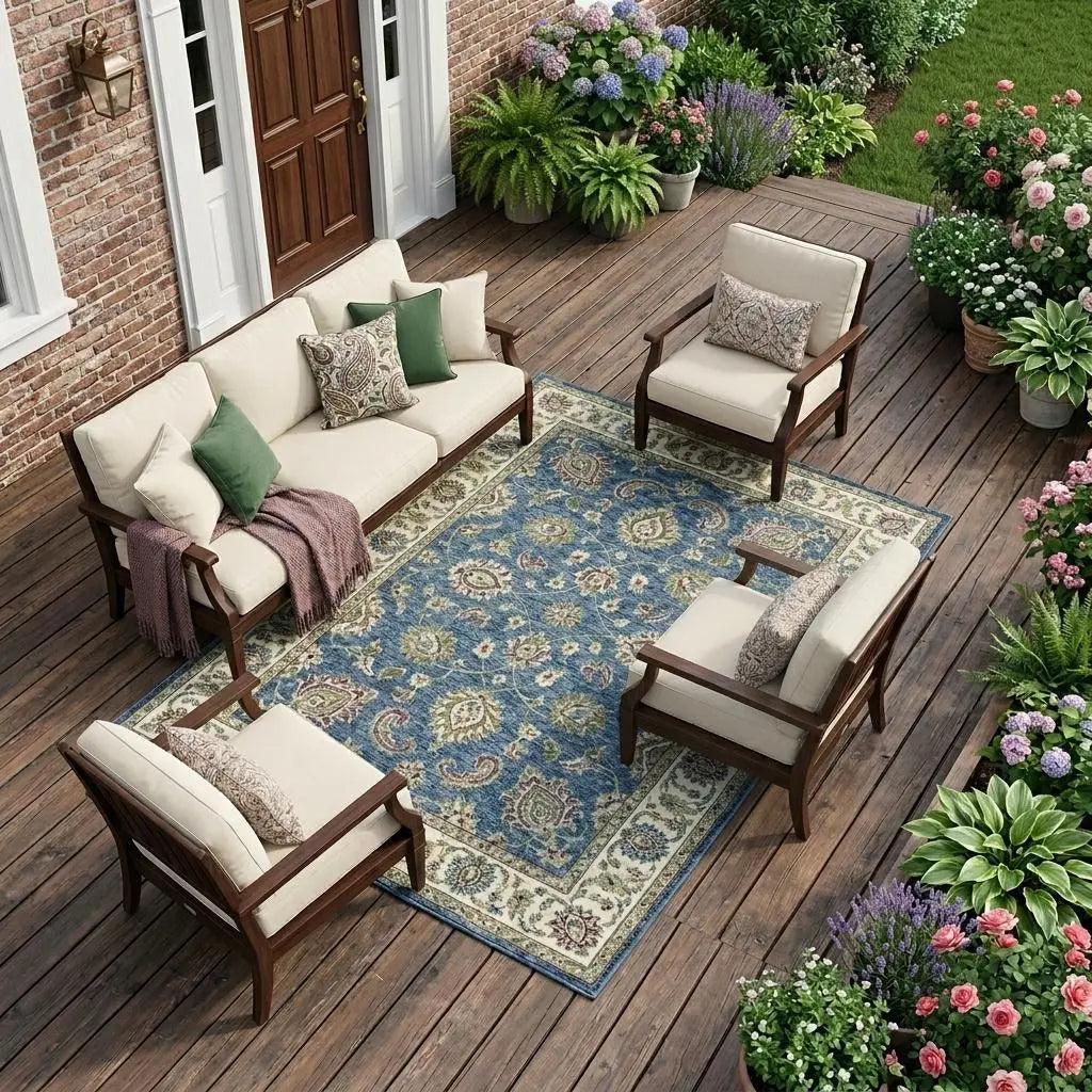 8' X 10' Denim Blue And Ivory Floral Medallion Washable Indoor Outdoor Area Rug Homeroots Outdoor