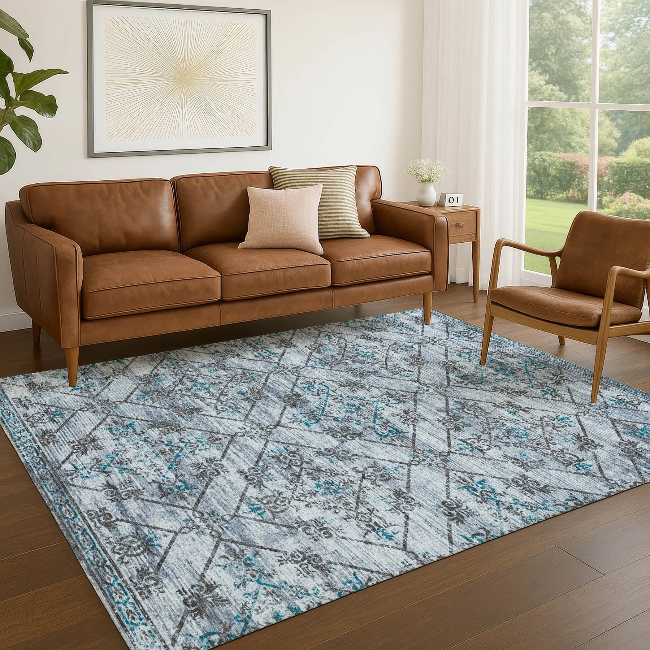 8' X 10' Denim Blue And Ivory Geometric Washable Indoor Outdoor Area Rug Homeroots Outdoor