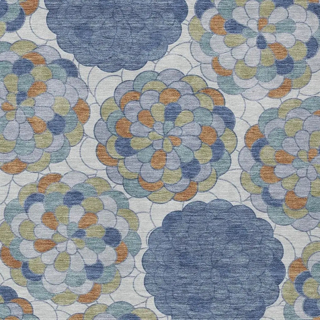 8' X 10' Denim Blue And Silver Floral Washable Indoor Outdoor Area Rug Homeroots Outdoor