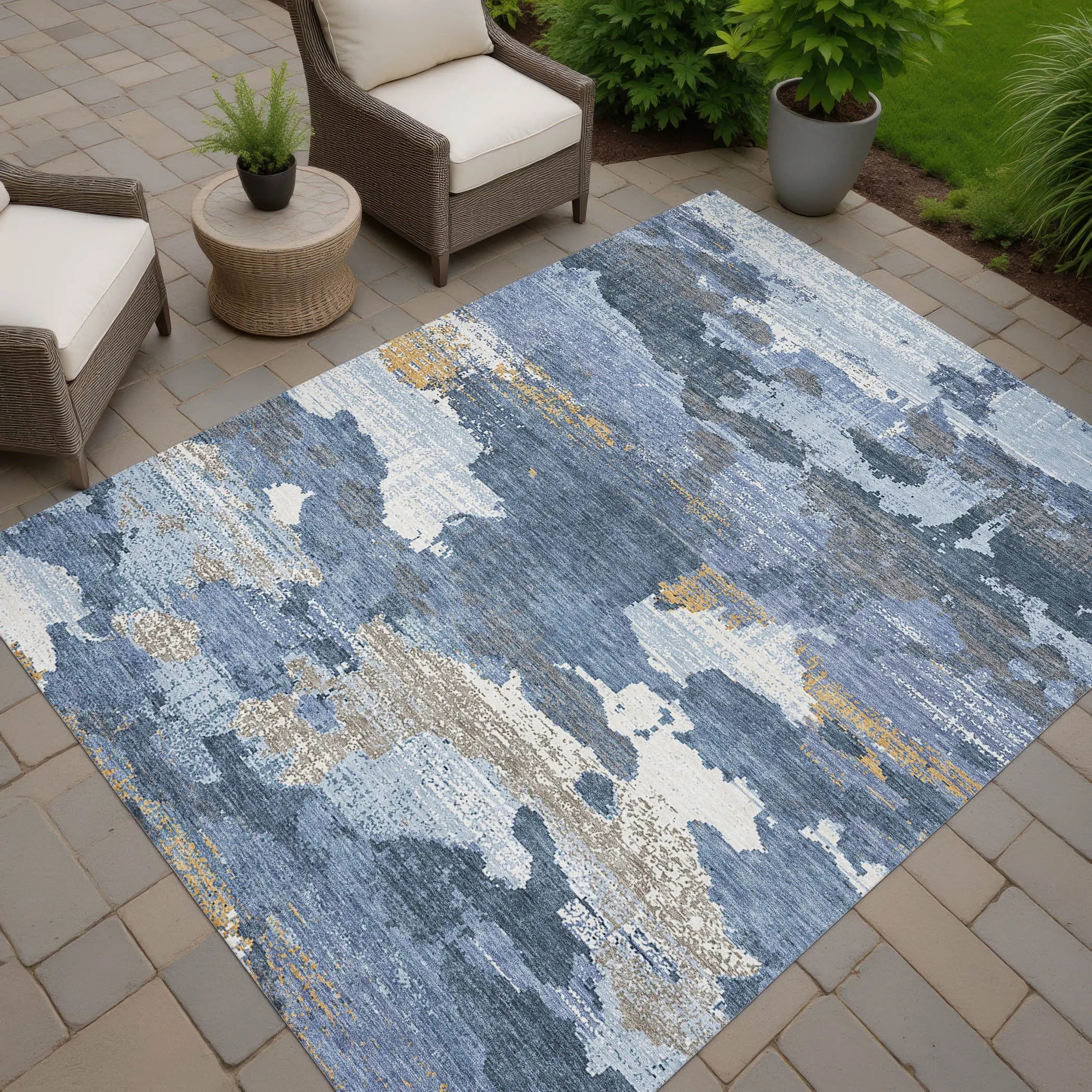 8' X 10' Denim Blue And Sky Blue Abstract Washable Indoor Outdoor Area Rug Homeroots Outdoor