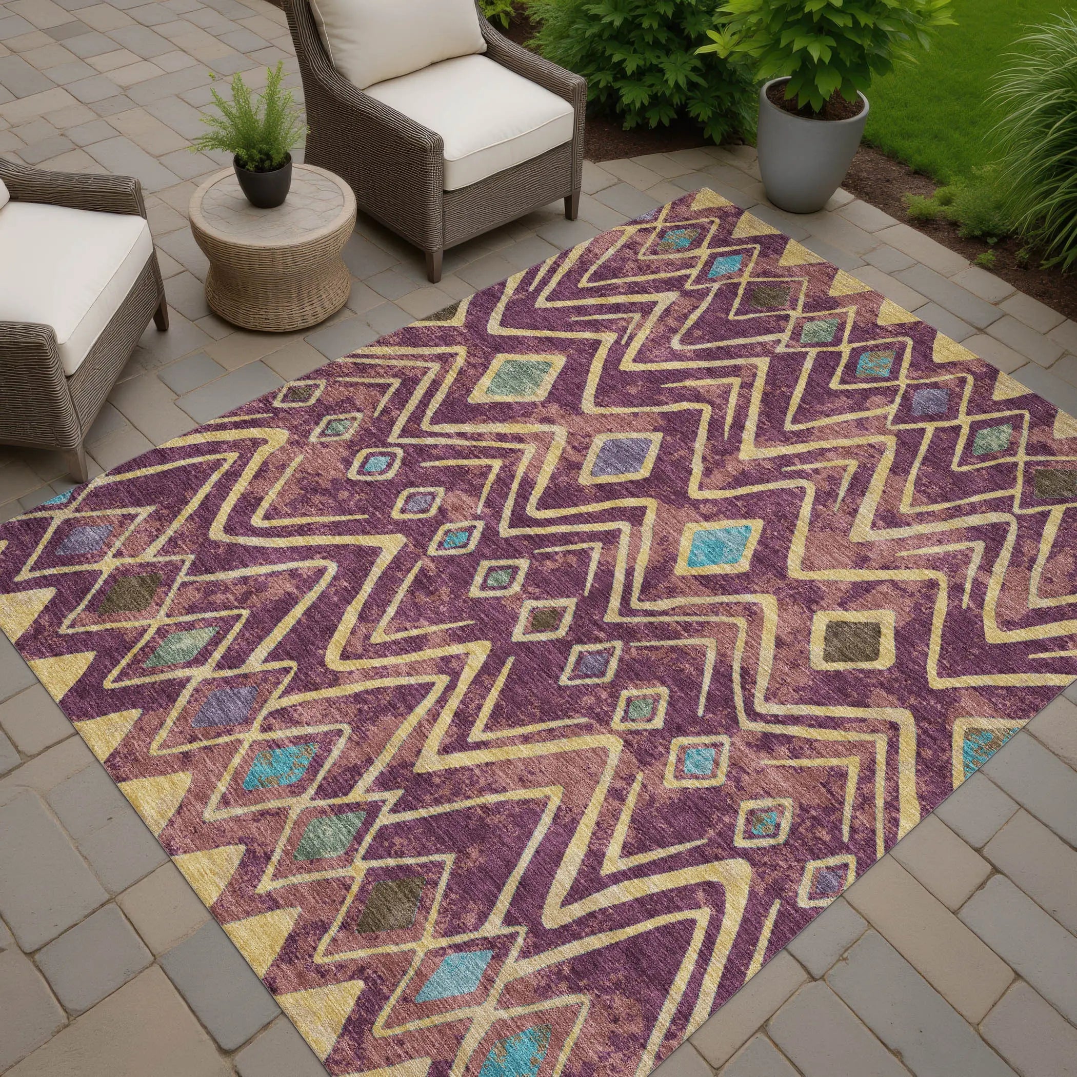 8' X 10' Eggplant And Blue Geometric Washable Indoor Outdoor Area Rug Homeroots Outdoor
