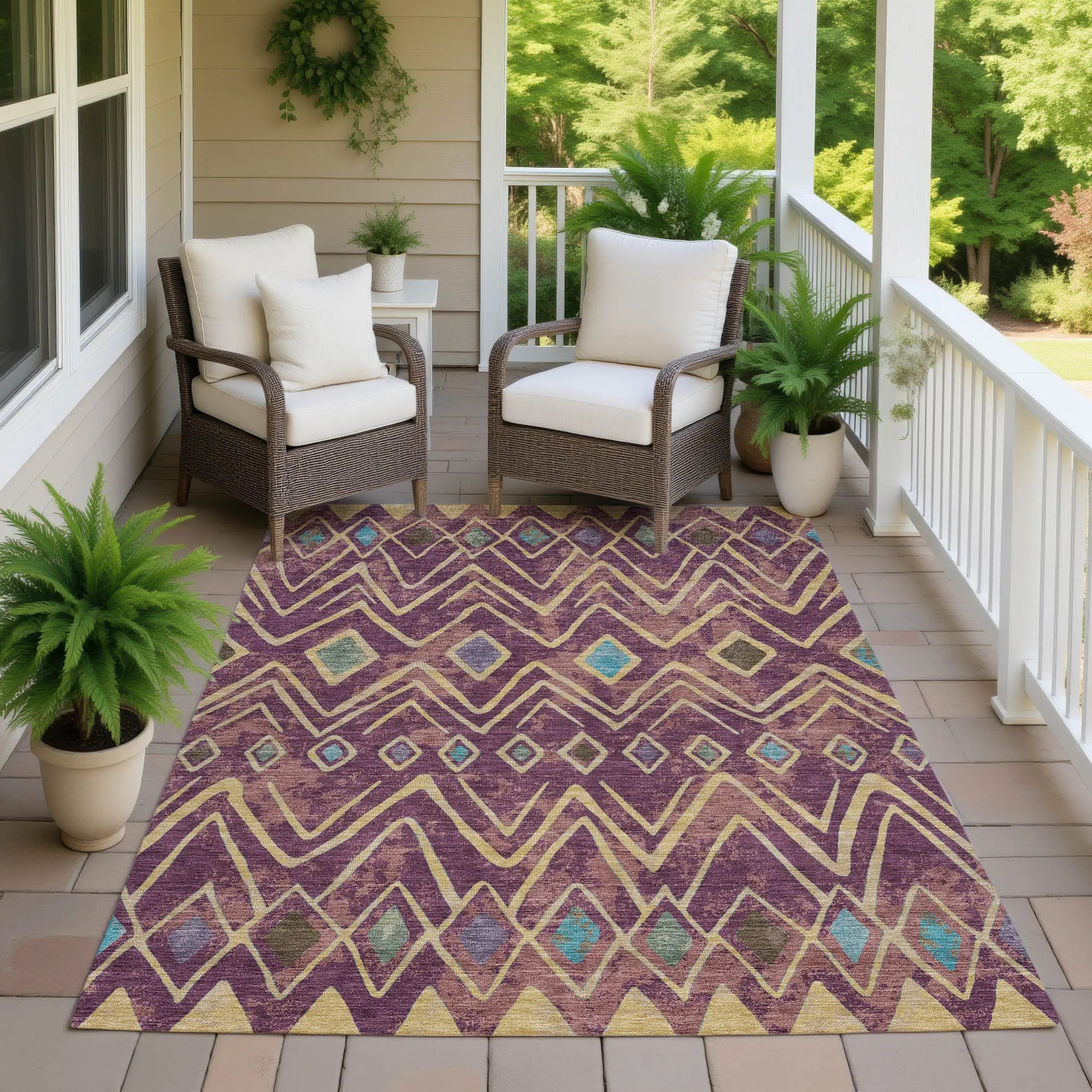 8' X 10' Eggplant And Blue Geometric Washable Indoor Outdoor Area Rug Homeroots Outdoor