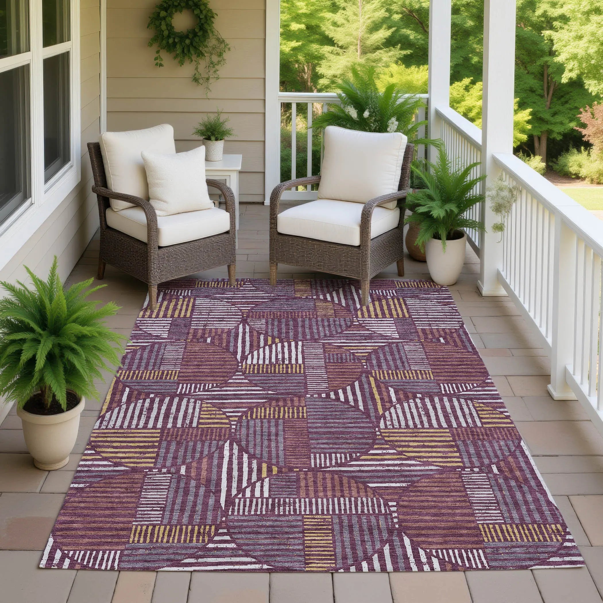 8' X 10' Eggplant And Brown Geometric Washable Indoor Outdoor Area Rug Homeroots Outdoor