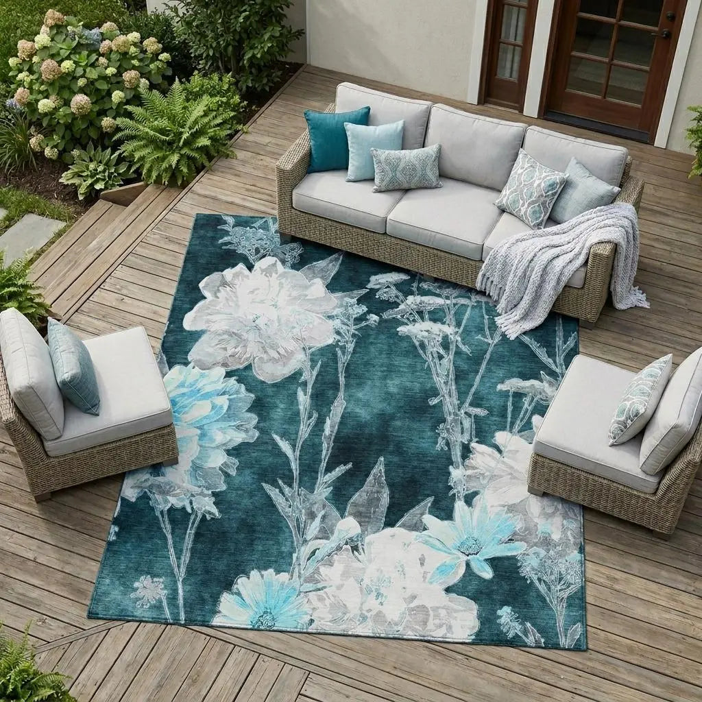 8' X 10' Emerald And Green Floral Washable Indoor Outdoor Area Rug Homeroots Outdoor