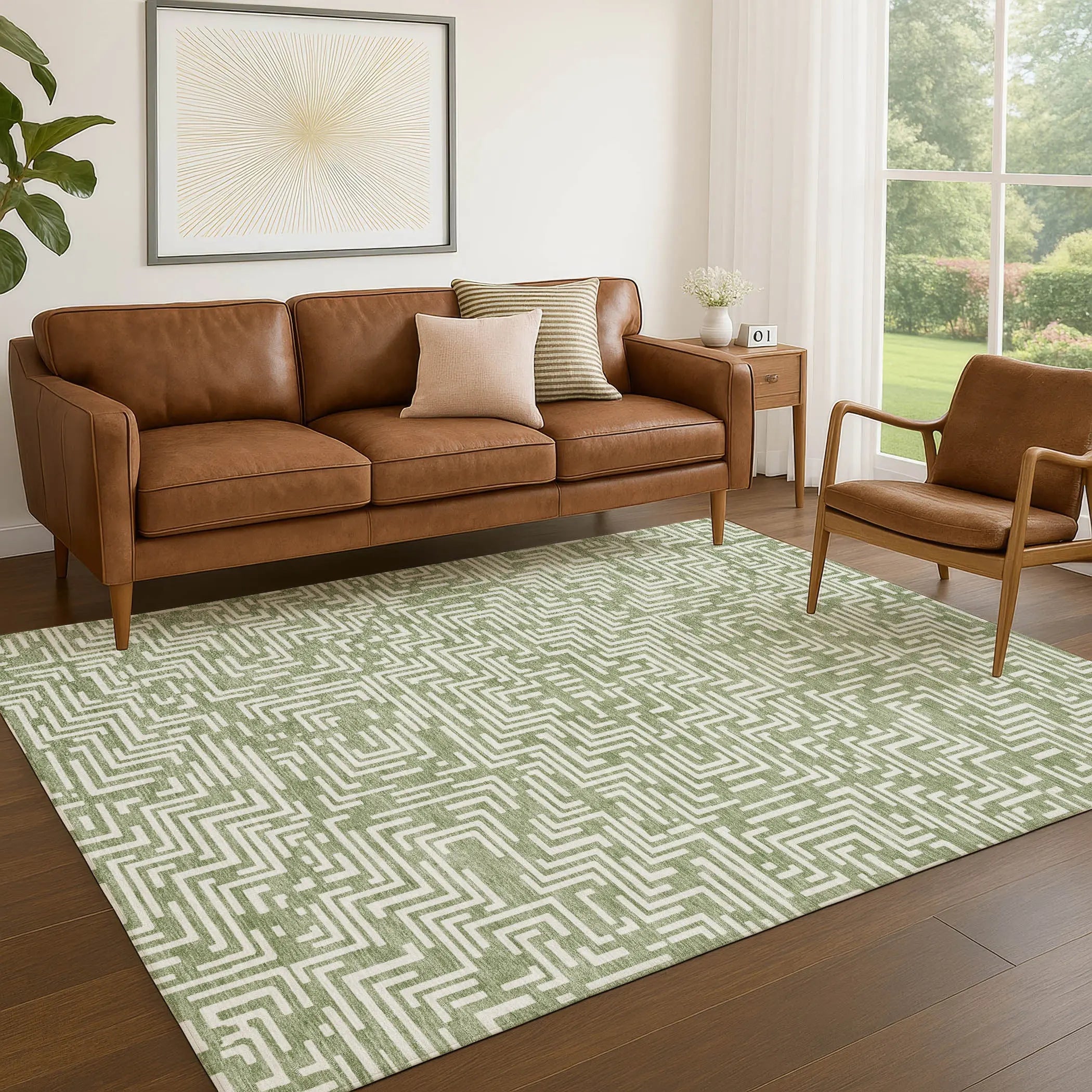 8' X 10' Fern Green And Copper Geometric Washable Indoor Outdoor Area Rug Homeroots Outdoor