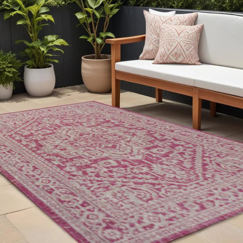 8' X 10' Fuchsia And Light Gray Medallion Indoor Outdoor Area Rug Homeroots Outdoor
