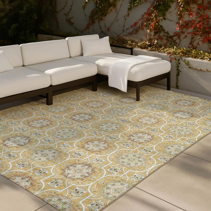 8' X 10' Gold And Beige Floral Medallion Washable Indoor Outdoor Area Rug Homeroots Outdoor