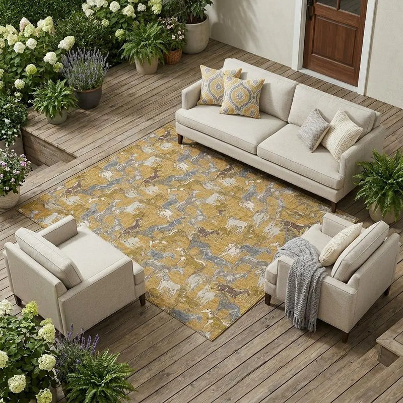 8' X 10' Gold And Beige Horse Washable Indoor Outdoor Area Rug Homeroots Outdoor