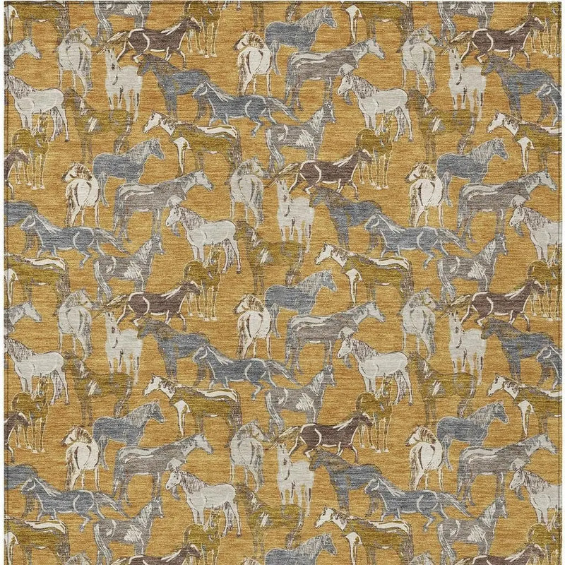 8' X 10' Gold And Beige Horse Washable Indoor Outdoor Area Rug Homeroots Outdoor