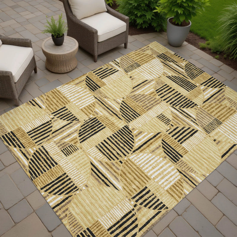 8' X 10' Gold And Blue Geometric Washable Indoor Outdoor Area Rug Homeroots Outdoor
