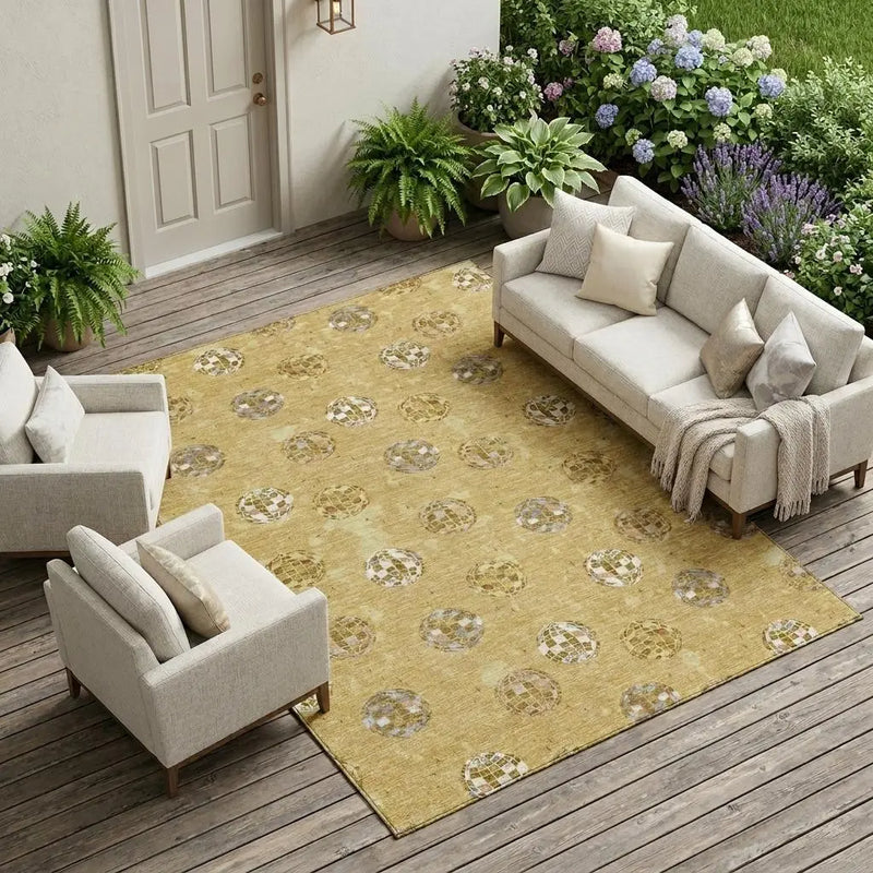 8' X 10' Gold And Blue Geometric Washable Indoor Outdoor Area Rug Homeroots Outdoor