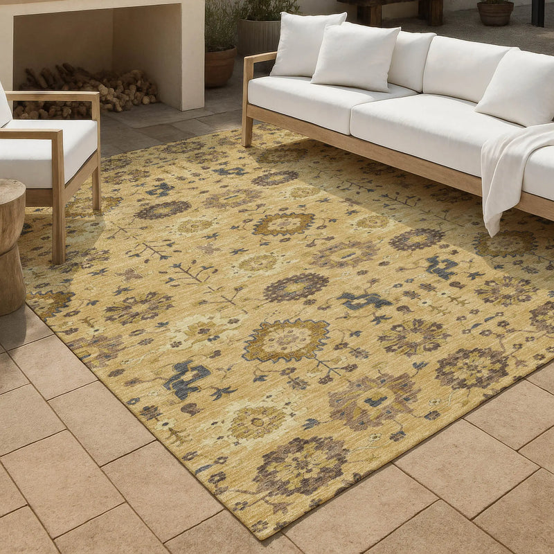 8' X 10' Gold And Brown Geometric Washable Indoor Outdoor Area Rug Homeroots Outdoor