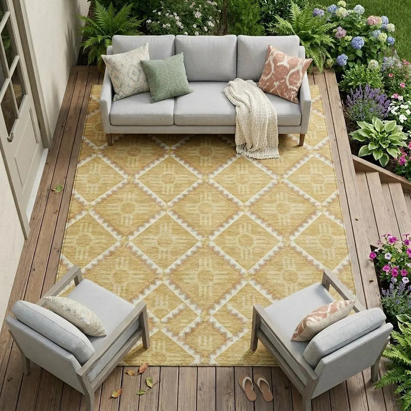 8' X 10' Gold And Brown Geometric Washable Indoor Outdoor Area Rug Homeroots Outdoor