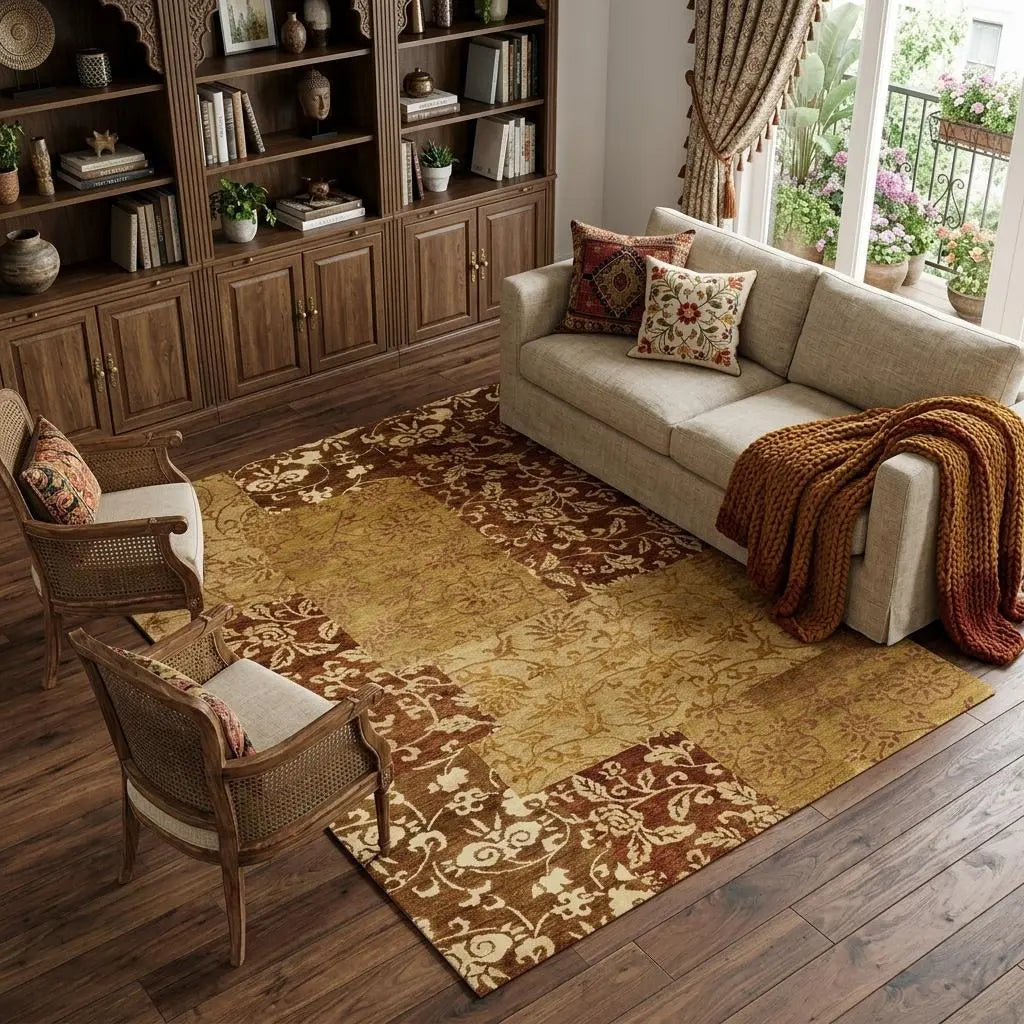 8' X 10' Gold And Brown Patchwork Hand Knotted Area Rug Homeroots Home Decor