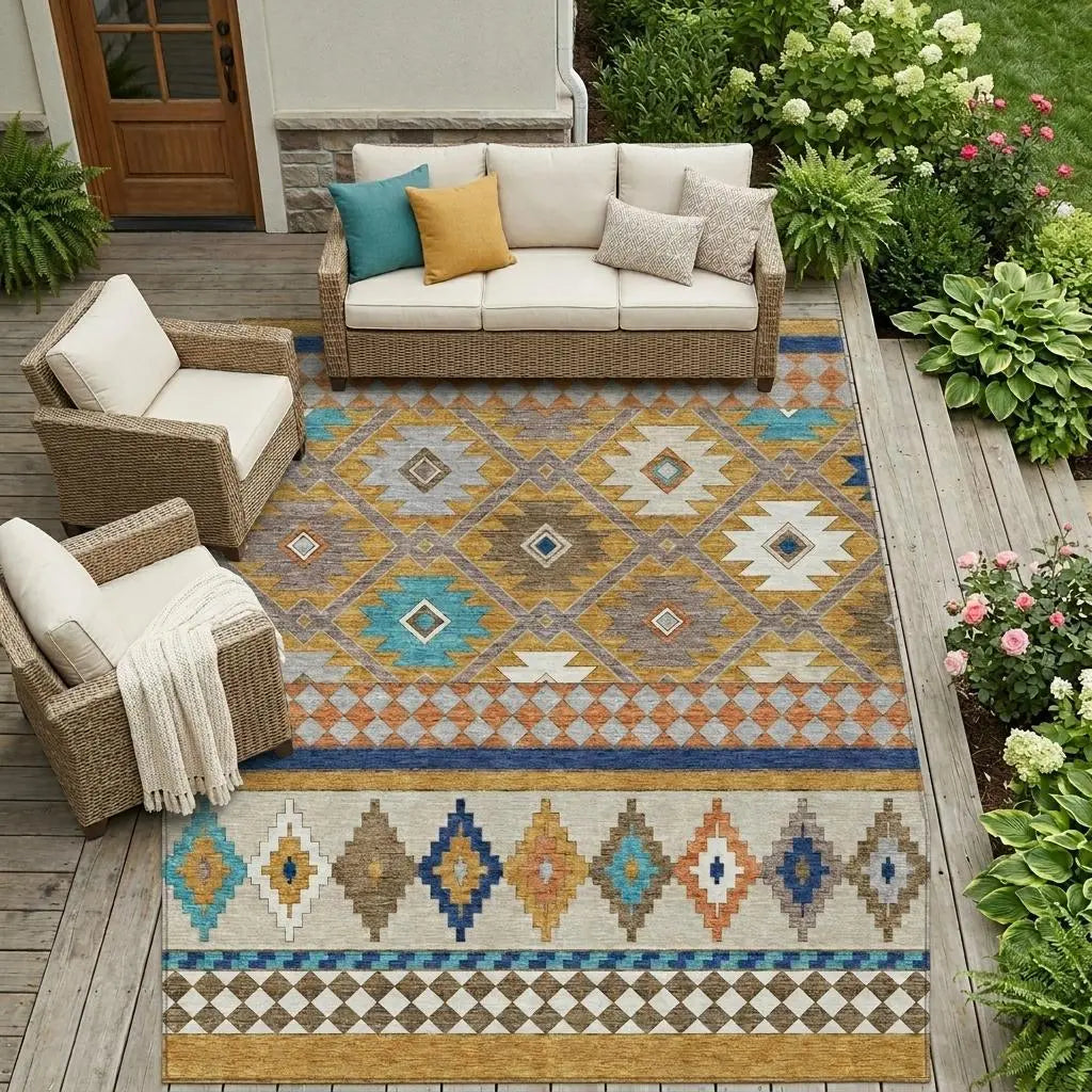 8' X 10' Gold And Brown Southwestern Washable Indoor Outdoor Area Rug Homeroots Outdoor