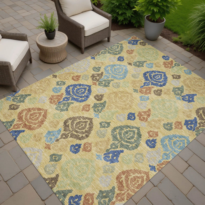 8' X 10' Gold And Chocolate Damask Washable Indoor Outdoor Area Rug Homeroots Outdoor