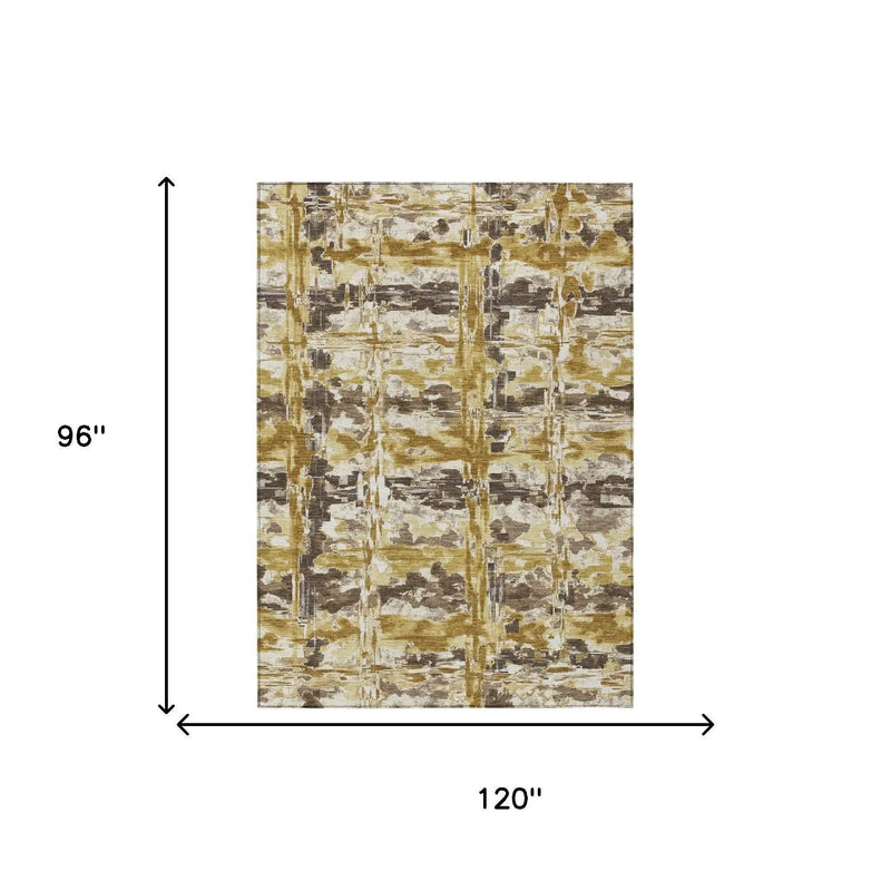 8' X 10' Gold And Coffee Abstract Washable Indoor Outdoor Area Rug Homeroots Outdoor