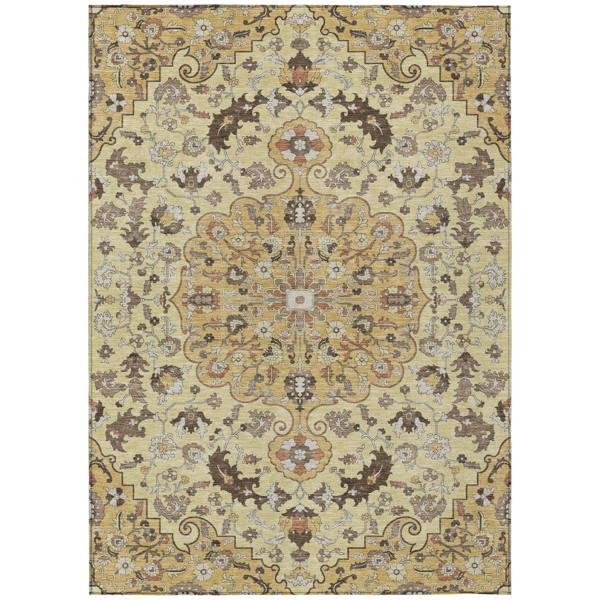 8' X 10' Gold And Copper Floral Medallion Washable Indoor Outdoor Area Rug Homeroots Outdoor