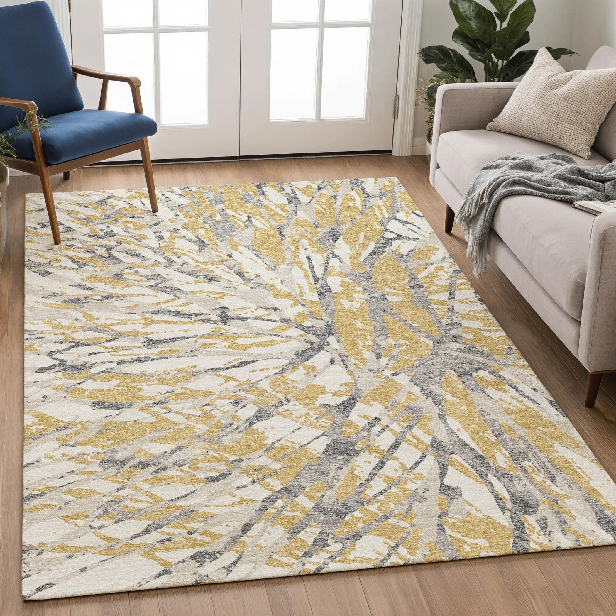 8' X 10' Gold And Ivory Abstract Washable Indoor Outdoor Area Rug Homeroots Outdoor