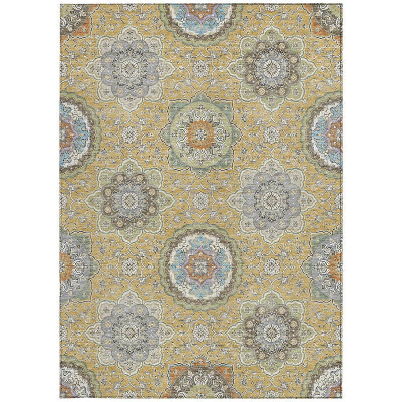 8' X 10' Gold And Ivory Floral Medallion Washable Indoor Outdoor Area Rug Homeroots Outdoor