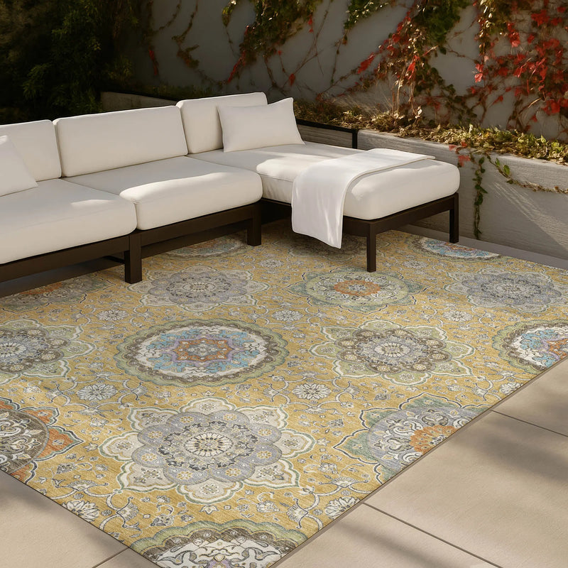 8' X 10' Gold And Ivory Floral Medallion Washable Indoor Outdoor Area Rug Homeroots Outdoor