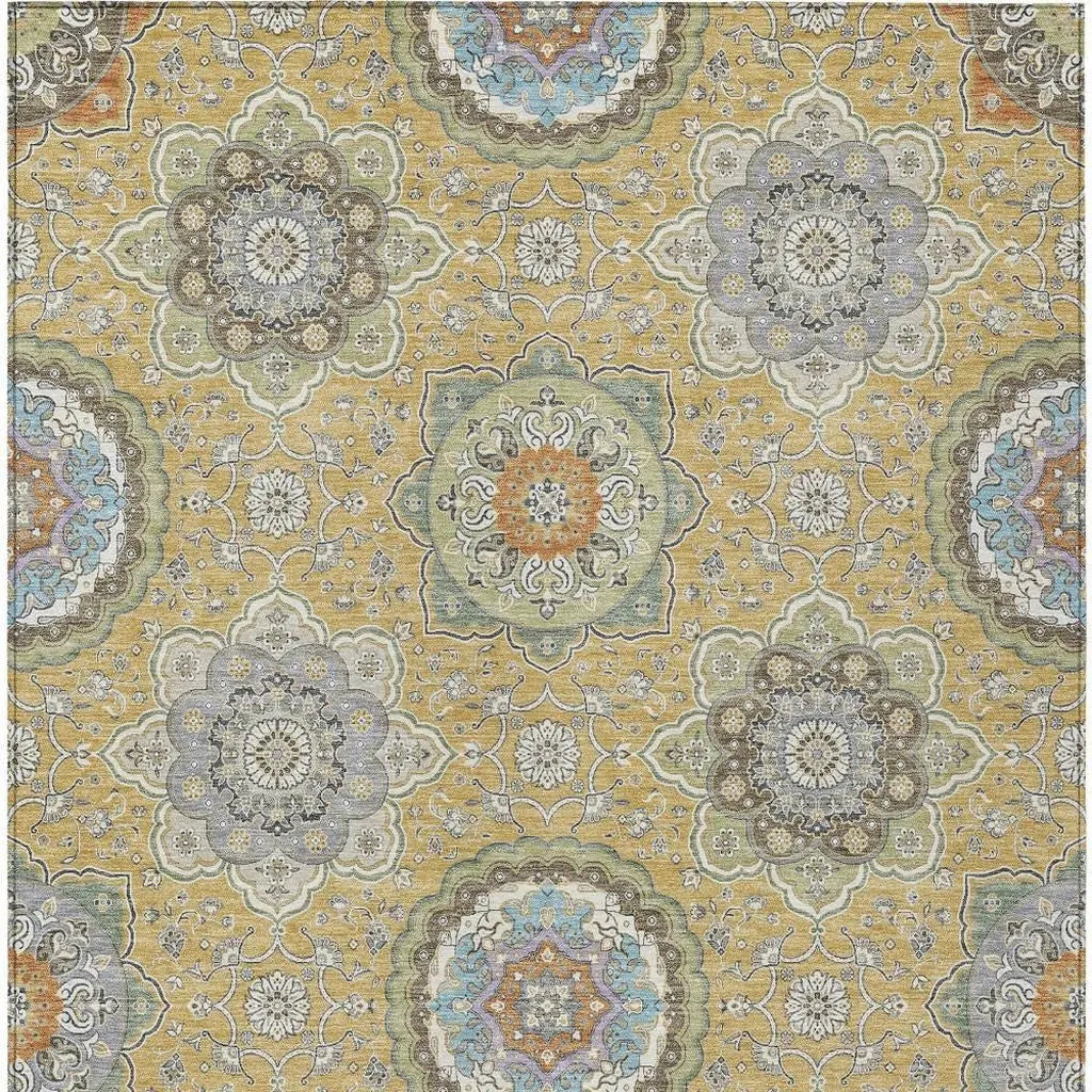 8' X 10' Gold And Ivory Floral Medallion Washable Indoor Outdoor Area Rug Homeroots Outdoor