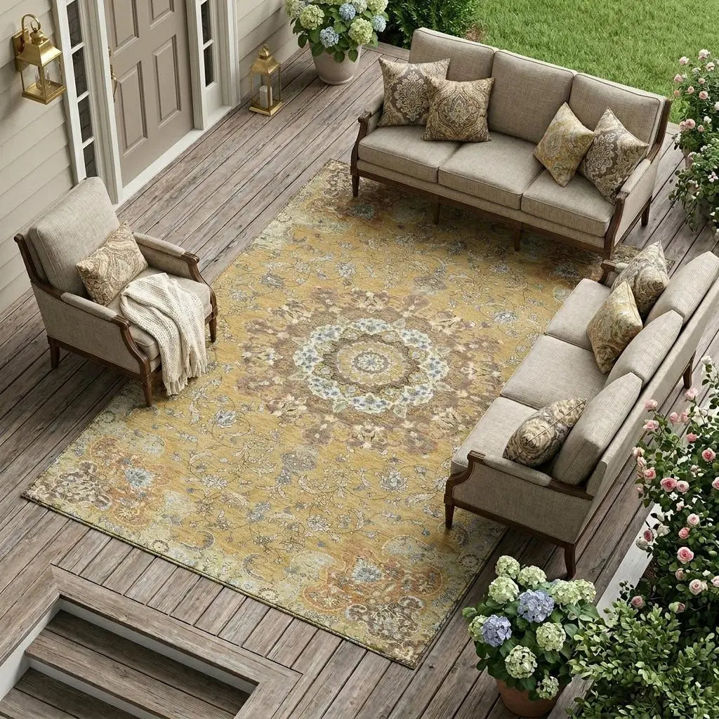 8' X 10' Gold And Ivory Floral Medallion Washable Indoor Outdoor Area Rug Homeroots Outdoor