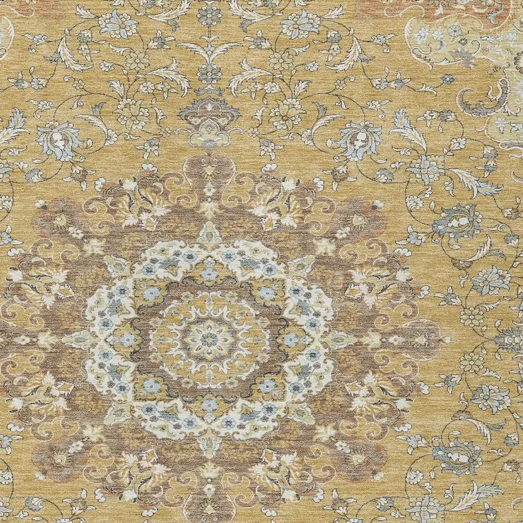 8' X 10' Gold And Ivory Floral Medallion Washable Indoor Outdoor Area Rug Homeroots Outdoor