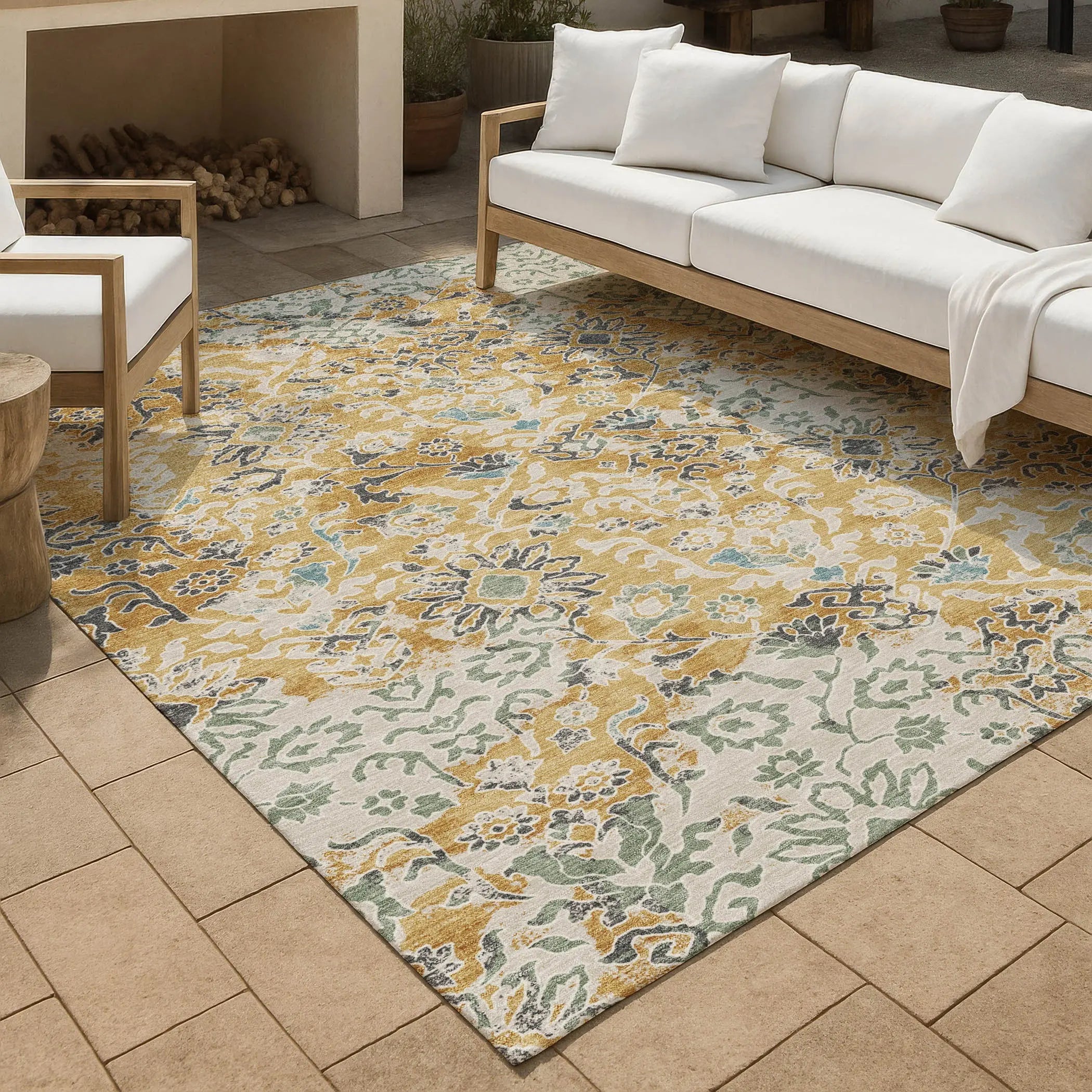 8' X 10' Gold And Ivory Geometric Washable Indoor Outdoor Area Rug Homeroots Outdoor