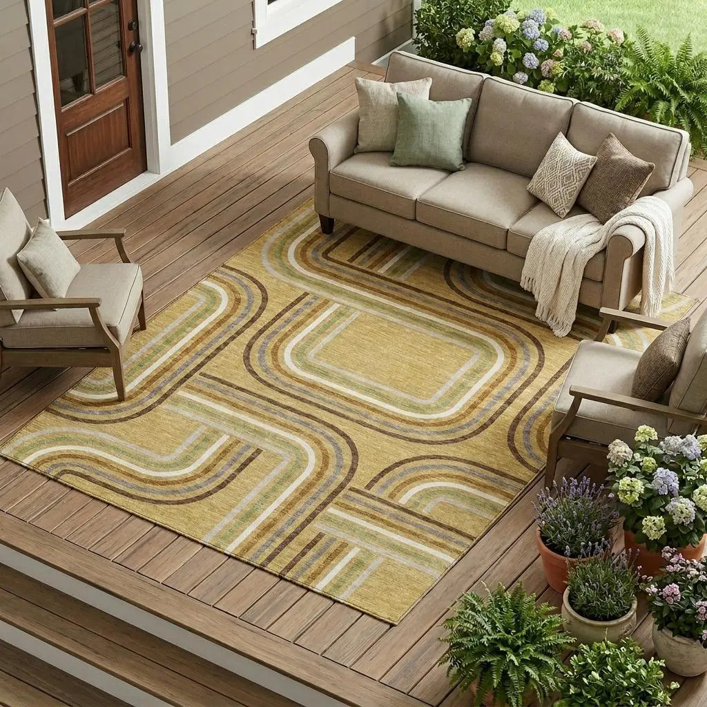 8' X 10' Gold And Ivory Geometric Washable Indoor Outdoor Area Rug Homeroots Outdoor