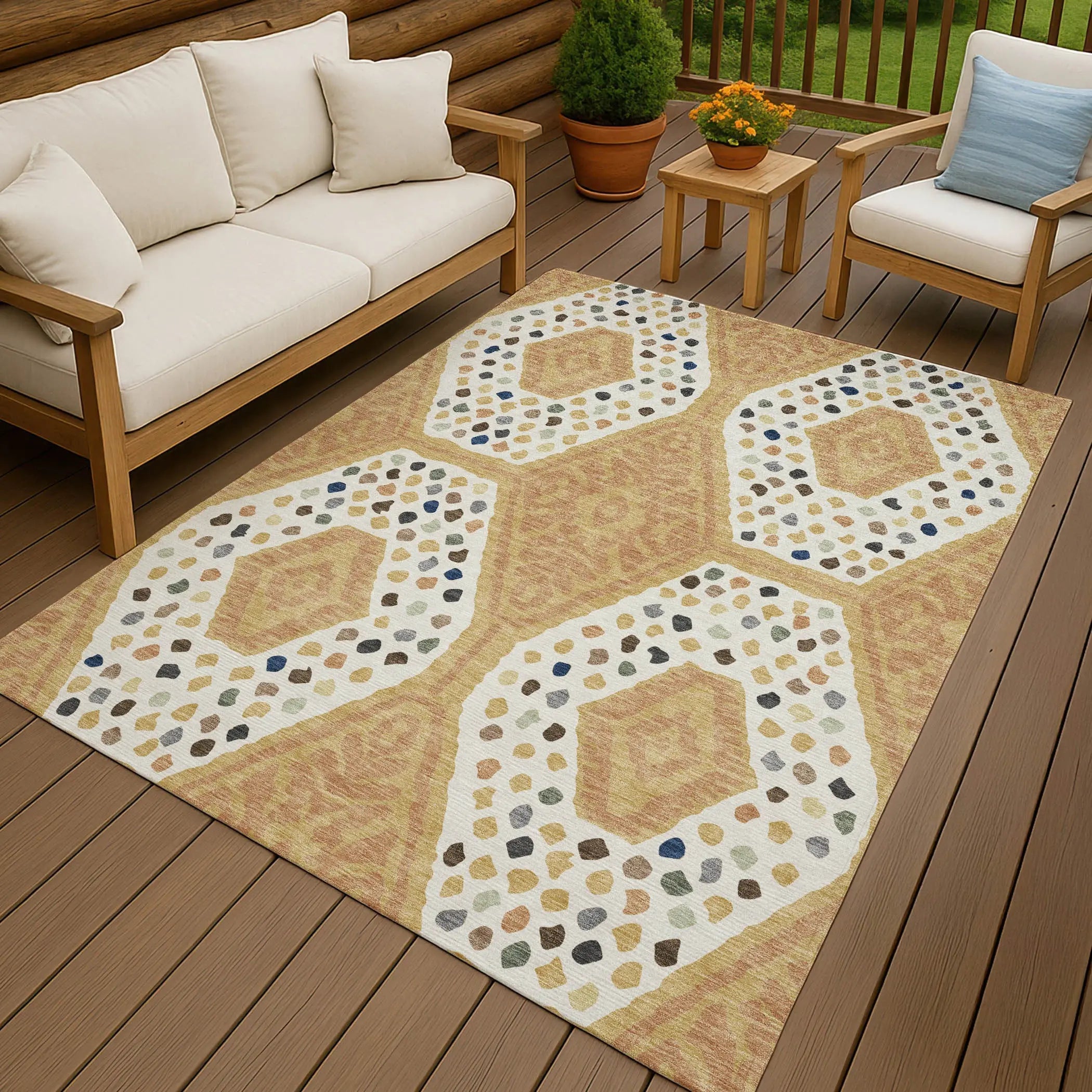 8' X 10' Gold And Ivory Tribal Washable Indoor Outdoor Area Rug Homeroots Outdoor