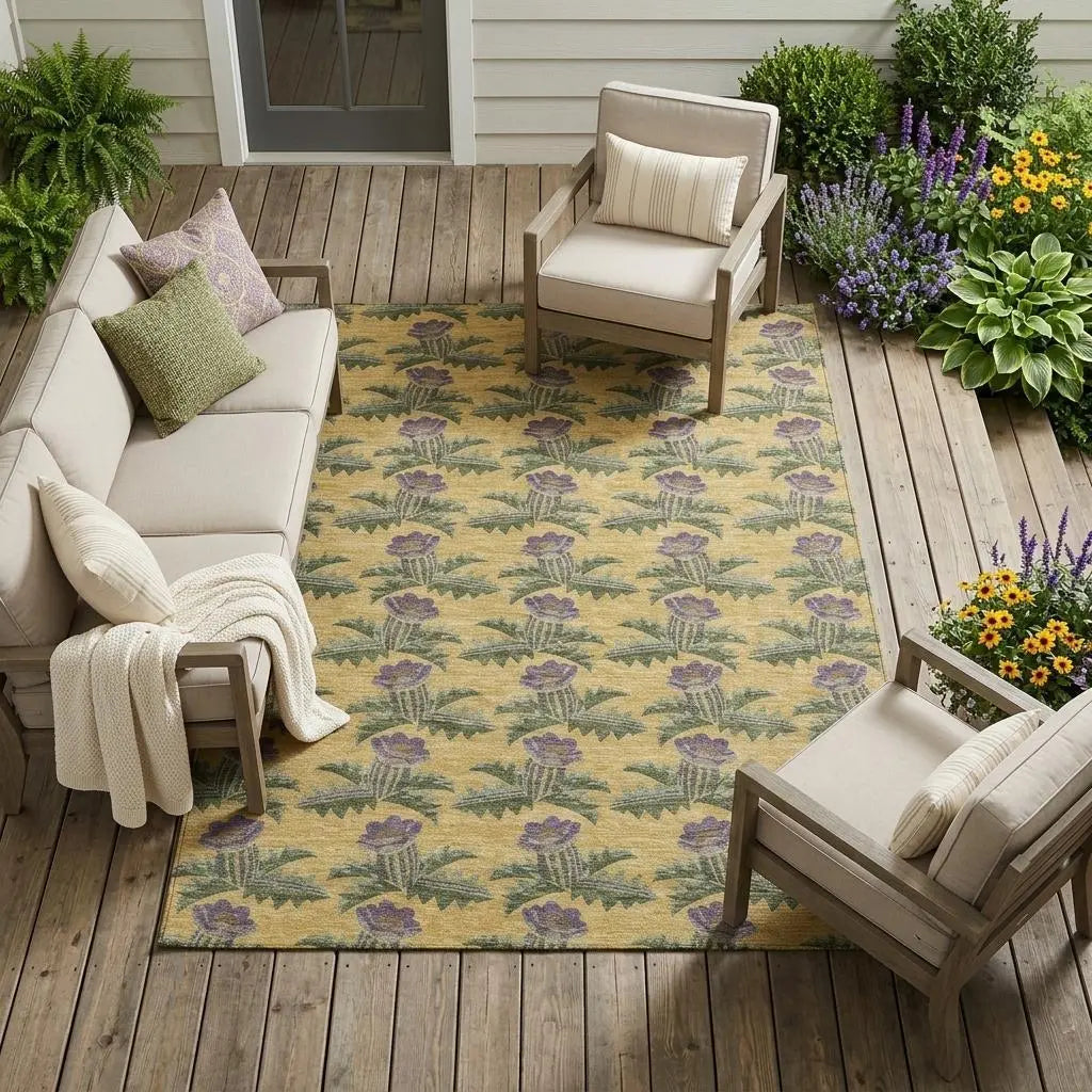 8' X 10' Gold And Khaki Floral Washable Indoor Outdoor Area Rug Homeroots Outdoor