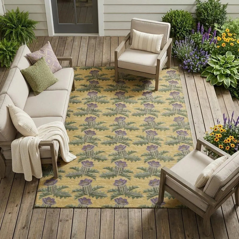 8' X 10' Gold And Khaki Floral Washable Indoor Outdoor Area Rug Homeroots Outdoor