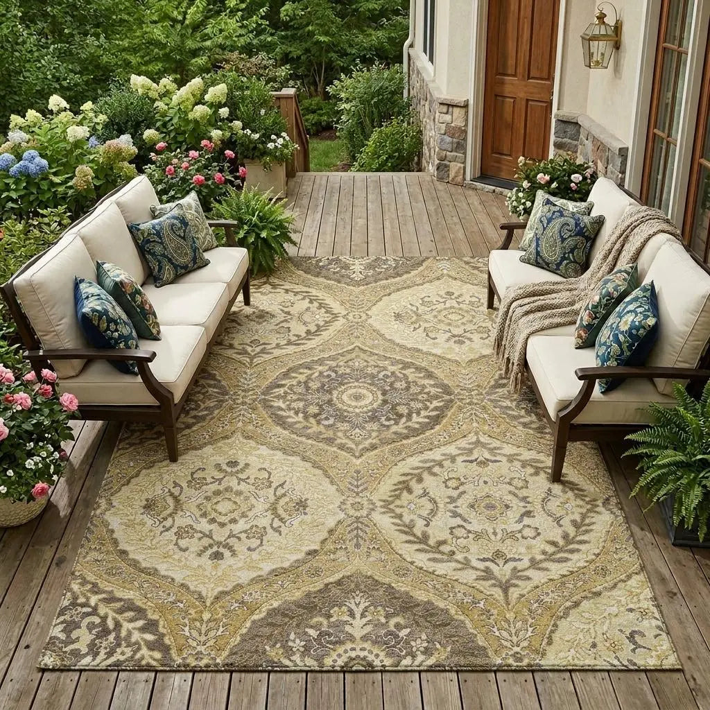 8' X 10' Gold And Khaki Ogee Washable Indoor Outdoor Area Rug Homeroots Outdoor