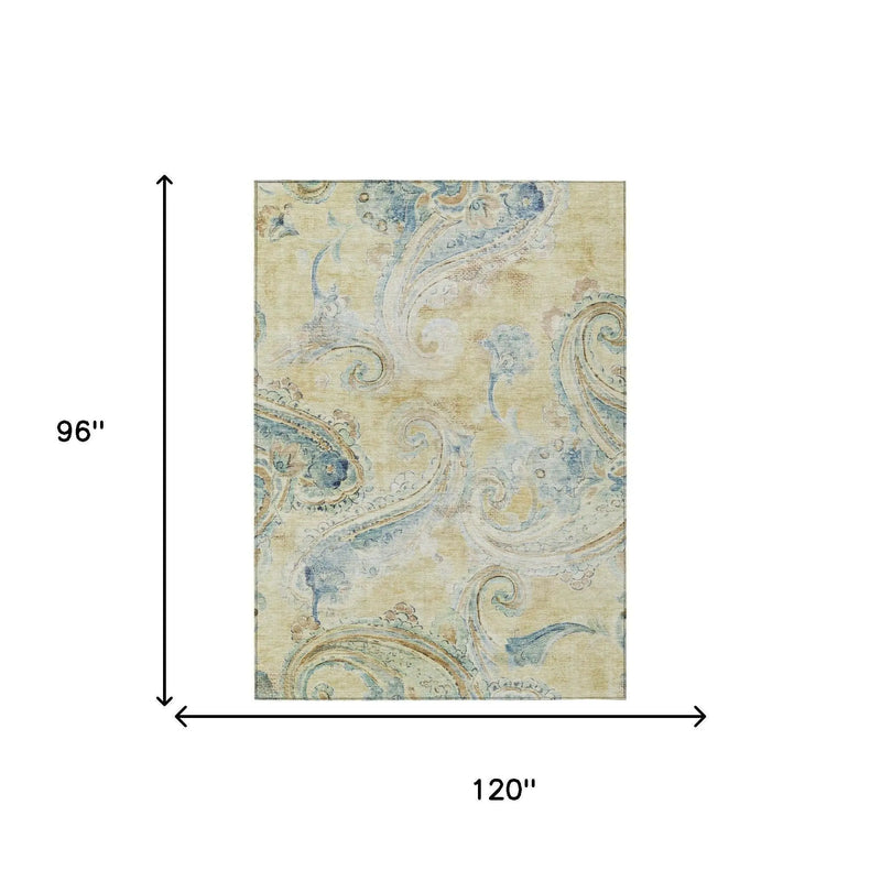 8' X 10' Gold And Mint Green Paisley Washable Indoor Outdoor Area Rug Homeroots Outdoor