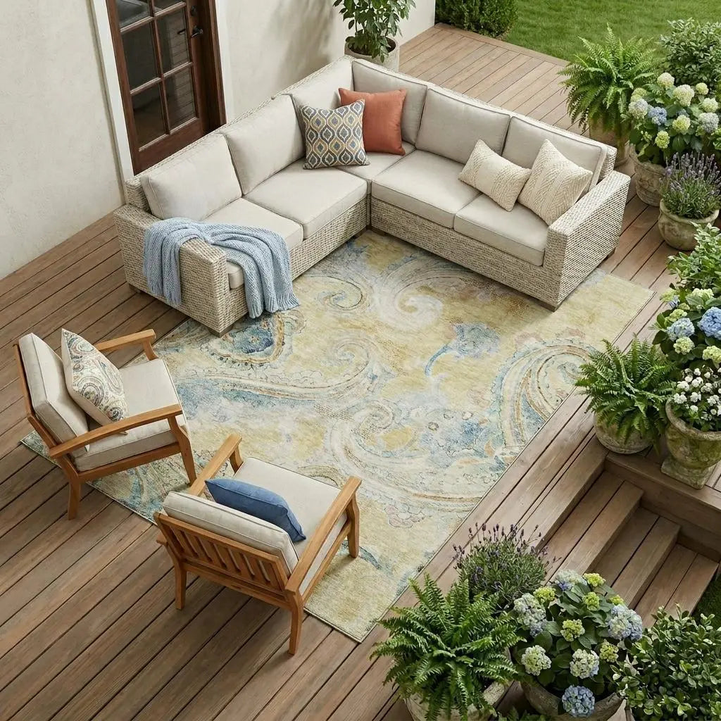 8' X 10' Gold And Mint Green Paisley Washable Indoor Outdoor Area Rug Homeroots Outdoor