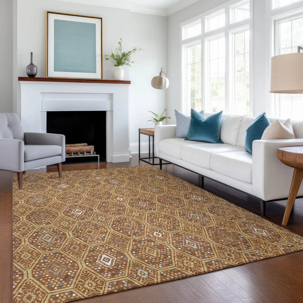 8' X 10' Gold And Orange Geometric Washable Indoor Outdoor Area Rug Homeroots Outdoor