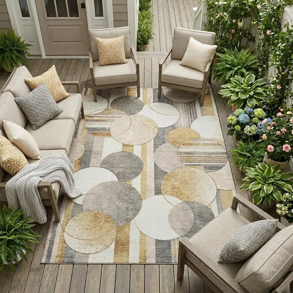 8' X 10' Gold And Pewter Geometric Washable Indoor Outdoor Area Rug Homeroots Outdoor