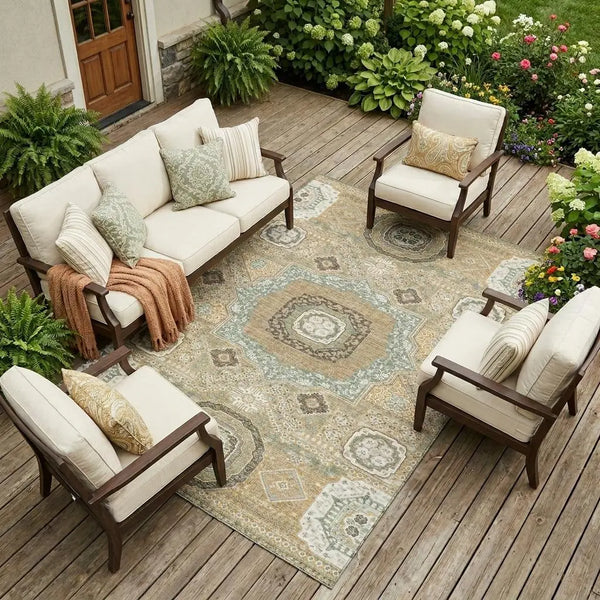 8' X 10' Gold And Sage Oriental Washable Indoor Outdoor Area Rug Homeroots Outdoor