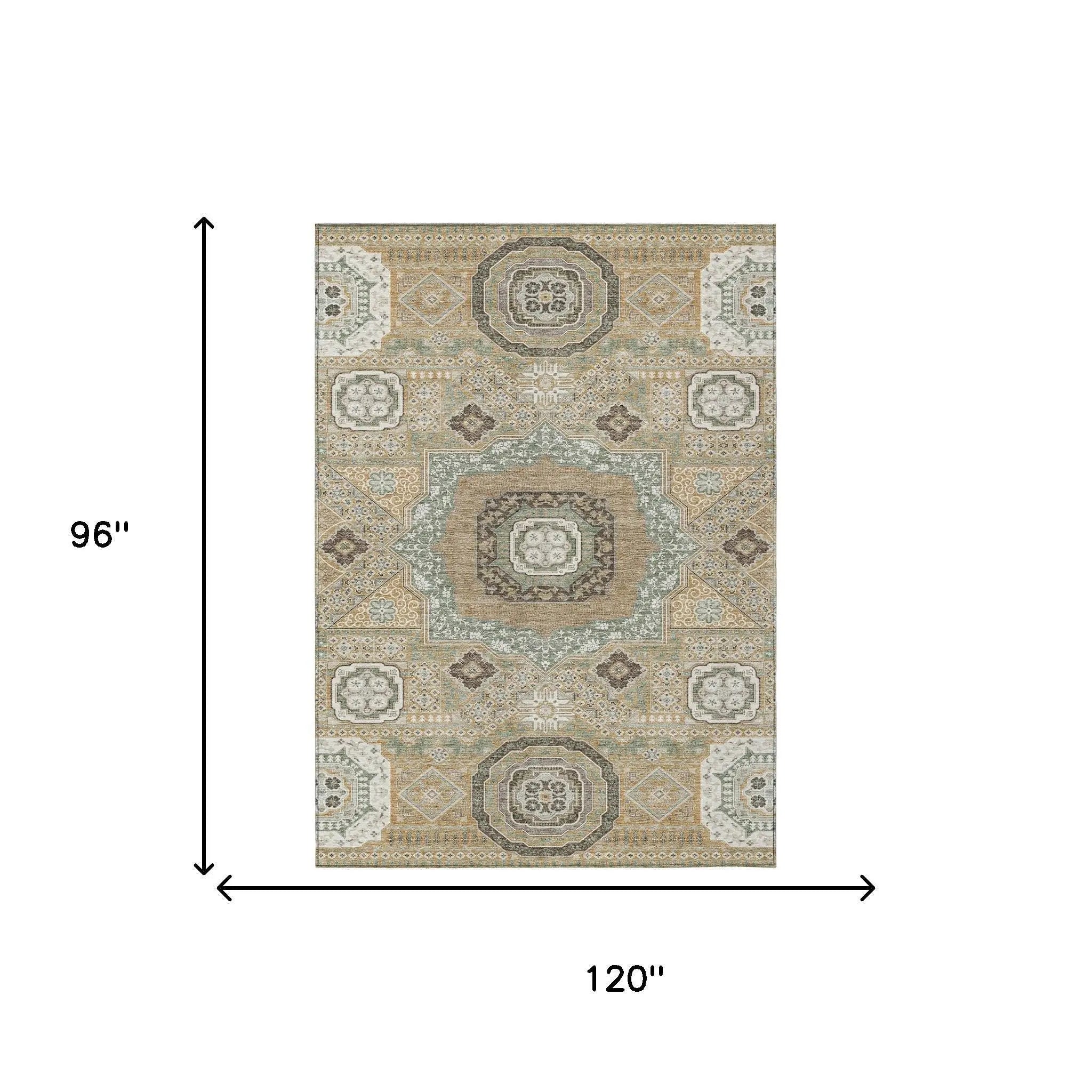 8' X 10' Gold And Sage Oriental Washable Indoor Outdoor Area Rug Homeroots Outdoor