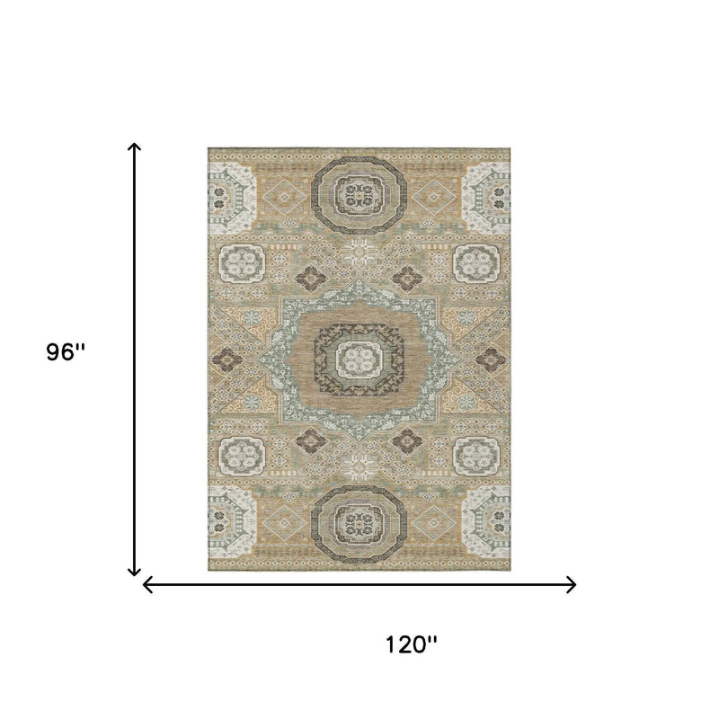 8' X 10' Gold And Sage Oriental Washable Indoor Outdoor Area Rug Homeroots Outdoor