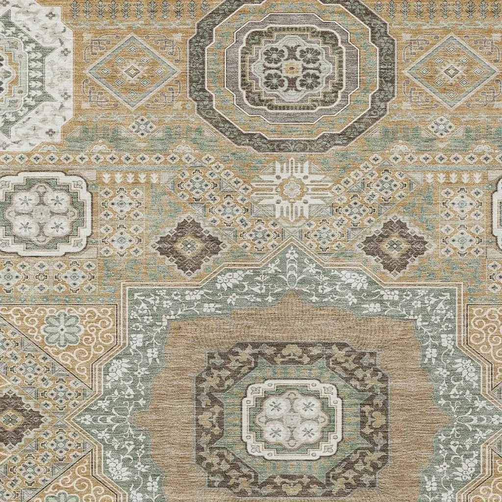 8' X 10' Gold And Sage Oriental Washable Indoor Outdoor Area Rug Homeroots Outdoor