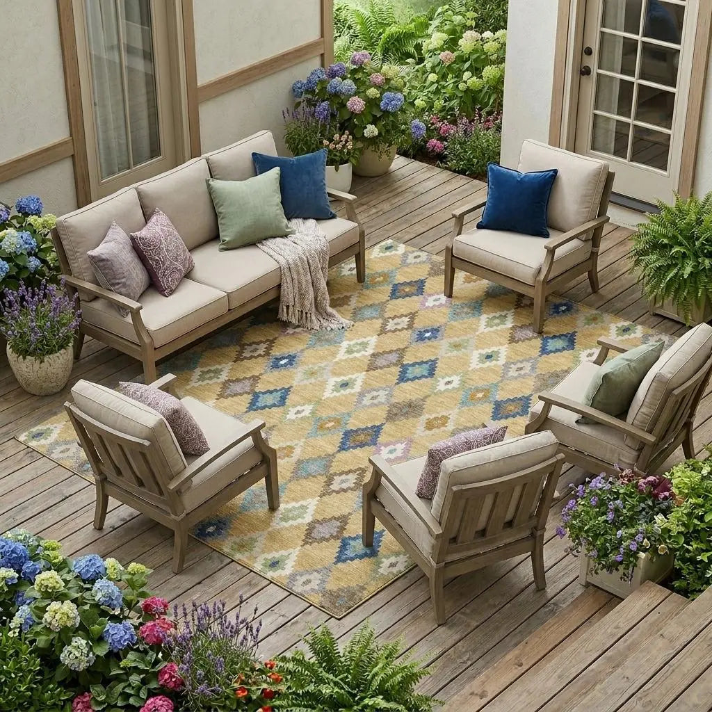 8' X 10' Gold And Teal Blue Aztec Washable Indoor Outdoor Area Rug Homeroots Outdoor