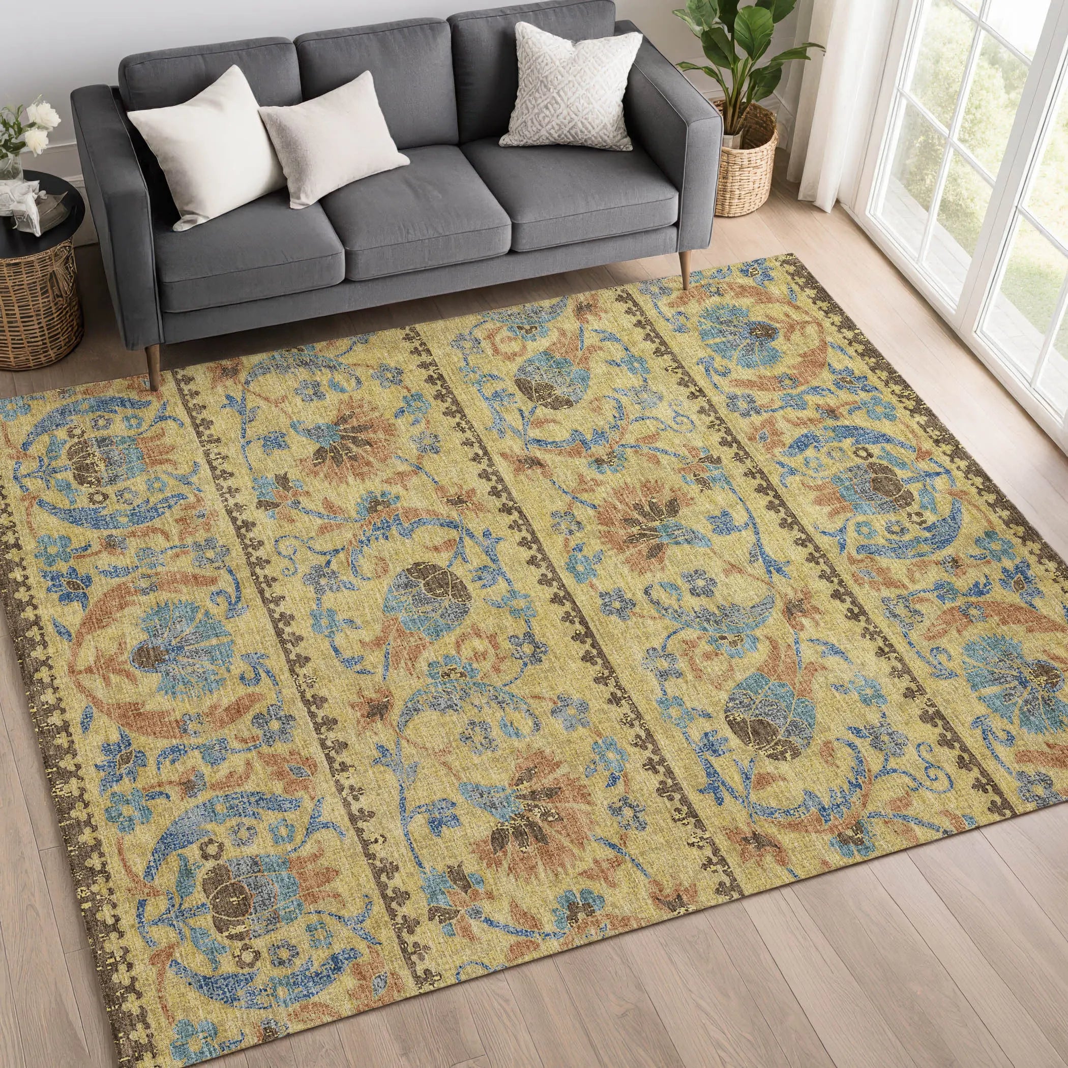 8' X 10' Gold And Teal Blue Floral Washable Indoor Outdoor Area Rug Homeroots Outdoor