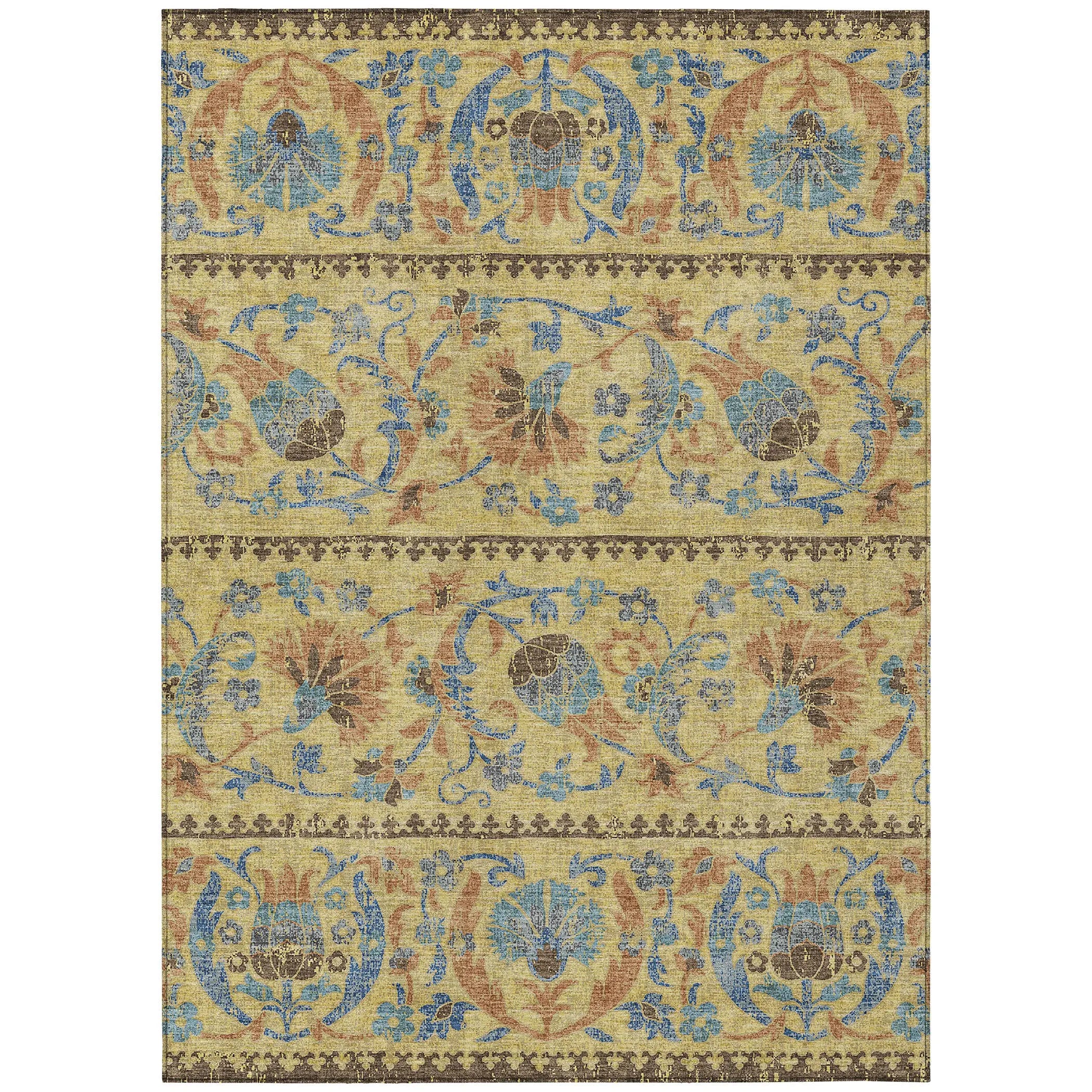8' X 10' Gold And Teal Blue Floral Washable Indoor Outdoor Area Rug Homeroots Outdoor
