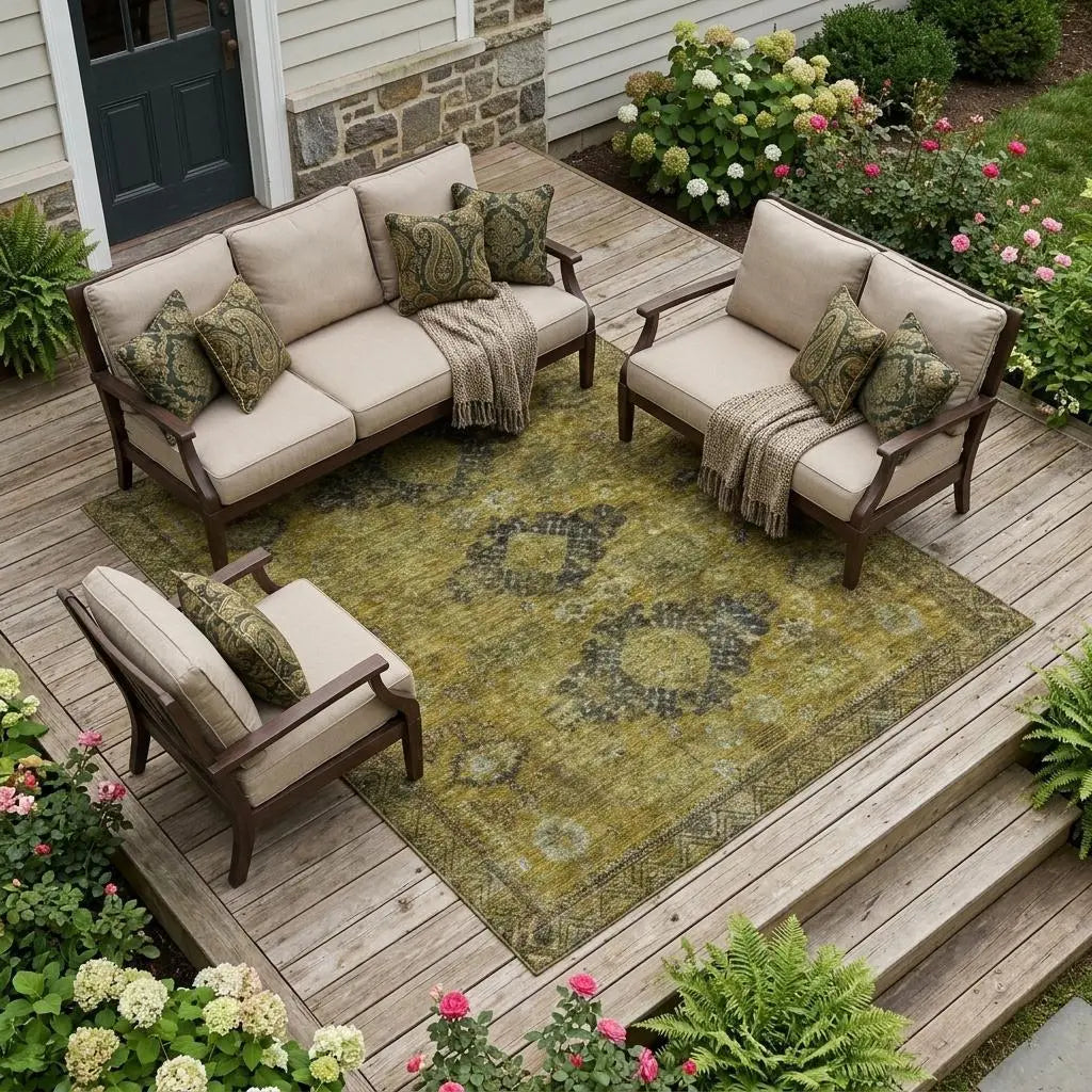 8' X 10' Gold And Walnut Oriental Washable Indoor Outdoor Area Rug Homeroots Outdoor